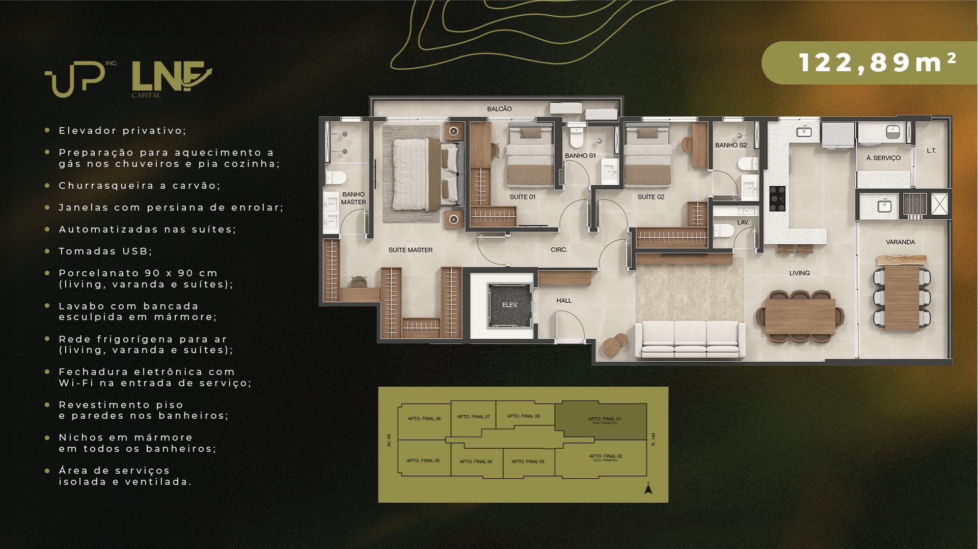 Planta Apartamento 122,89 m² — 3 suítes - Aflora Marista