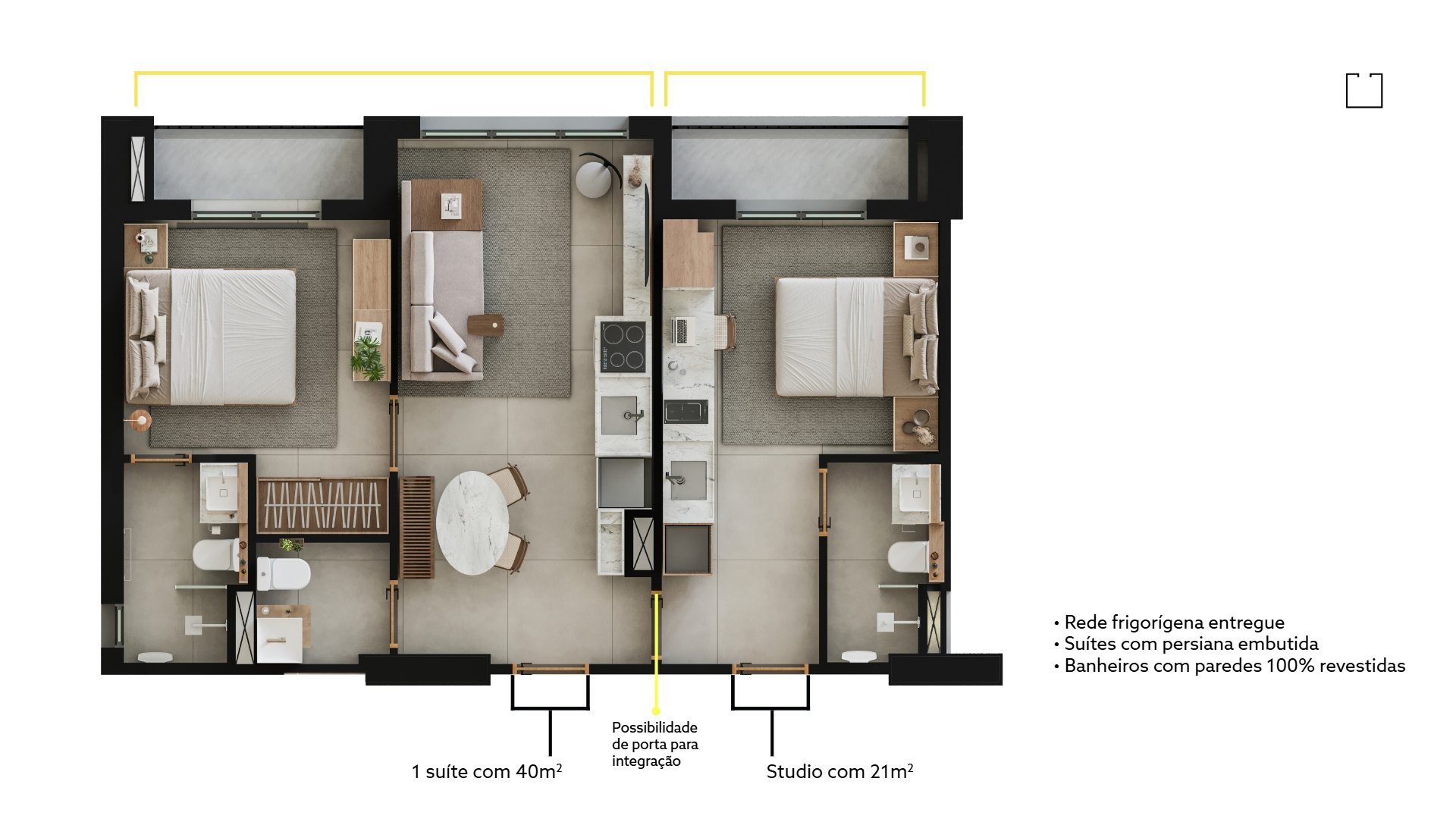 Planta Double suites — 1 suíte 40 m² + studio 21 m² - Dual O.M. Stay